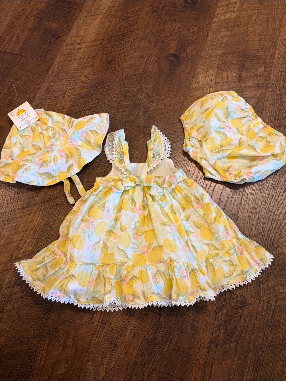 C&C California Yellow Lemon Print Baby Dress, Bloomers, & Hat Set